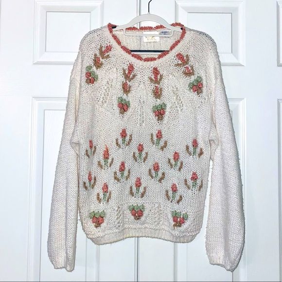Needles and Yarn Sweaters - Needles and Yarn Vintage Floral Knit Crochet Cottage Core Cream Sweater Large